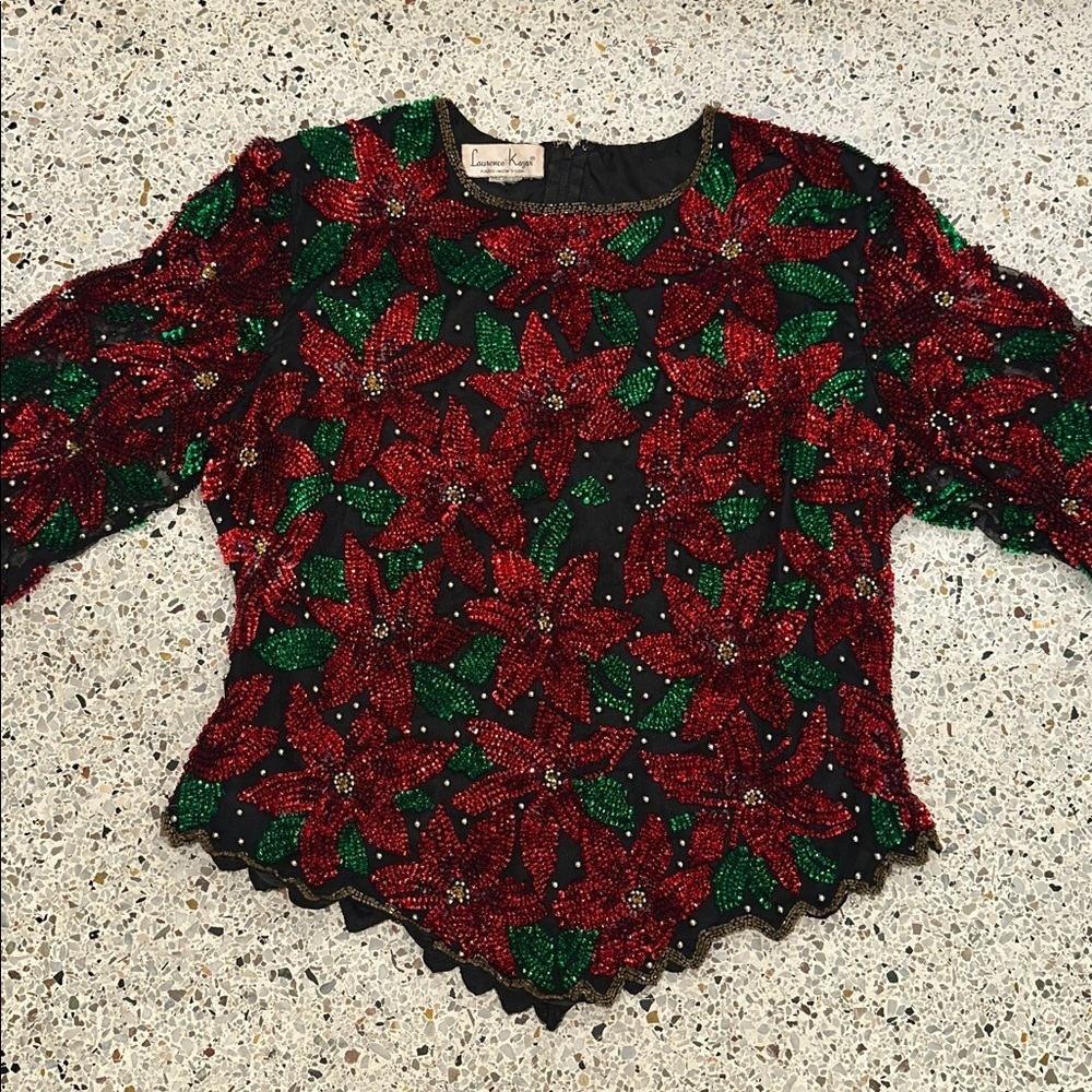 Laurence Kazar Paris New York red green poinsettia sequin blouse top medium m - Picture 3 of 6